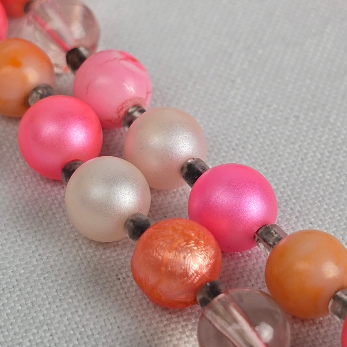 Vintage Japan Pink & Orange Layered Beaded Necklace & Clip On Earrings Set