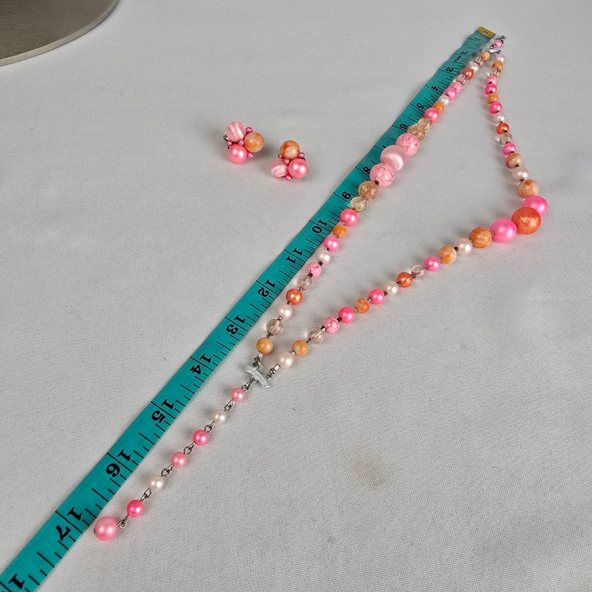 Vintage Japan Pink & Orange Layered Beaded Necklace & Clip On Earrings Set