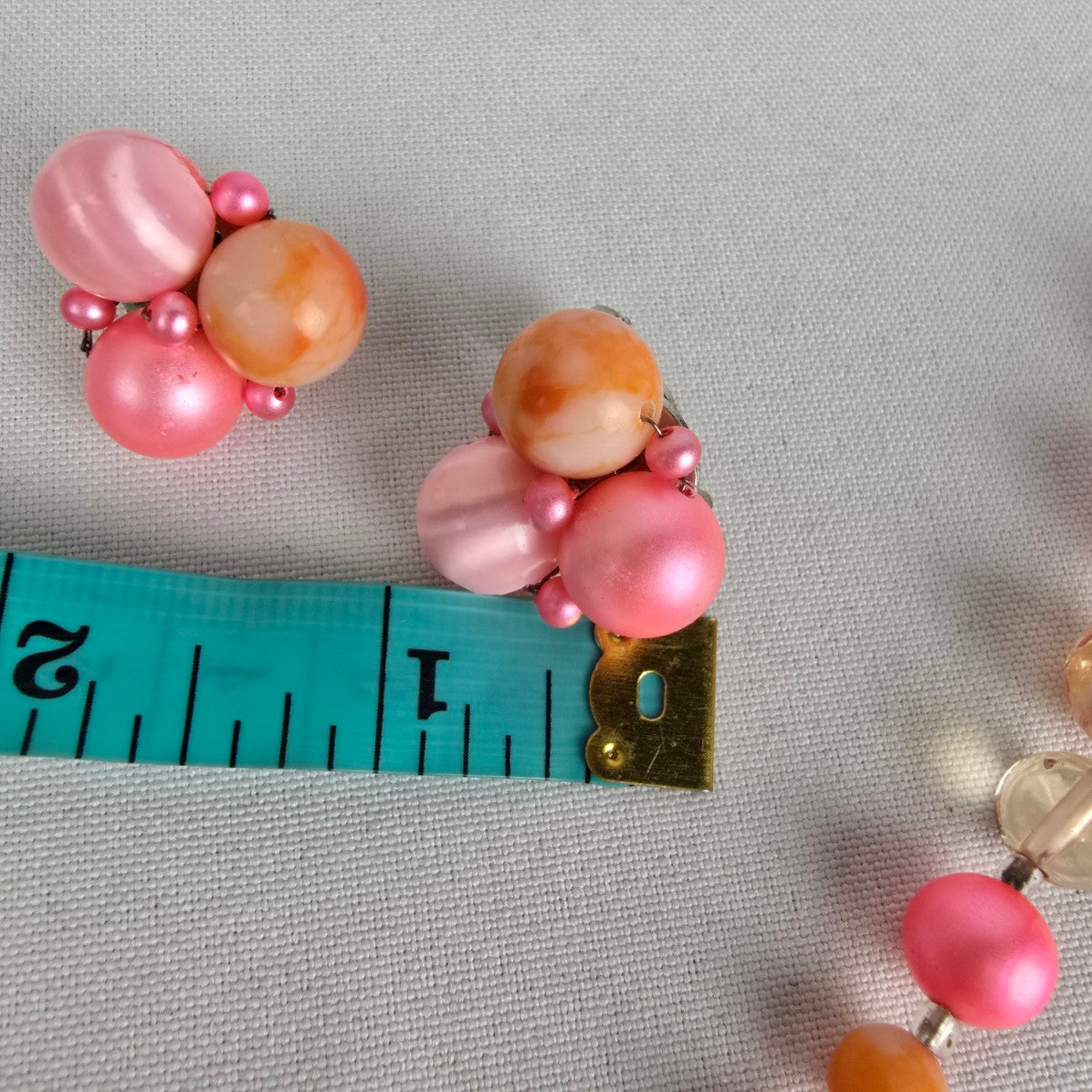 Vintage Japan Pink & Orange Layered Beaded Necklace & Clip On Earrings Set