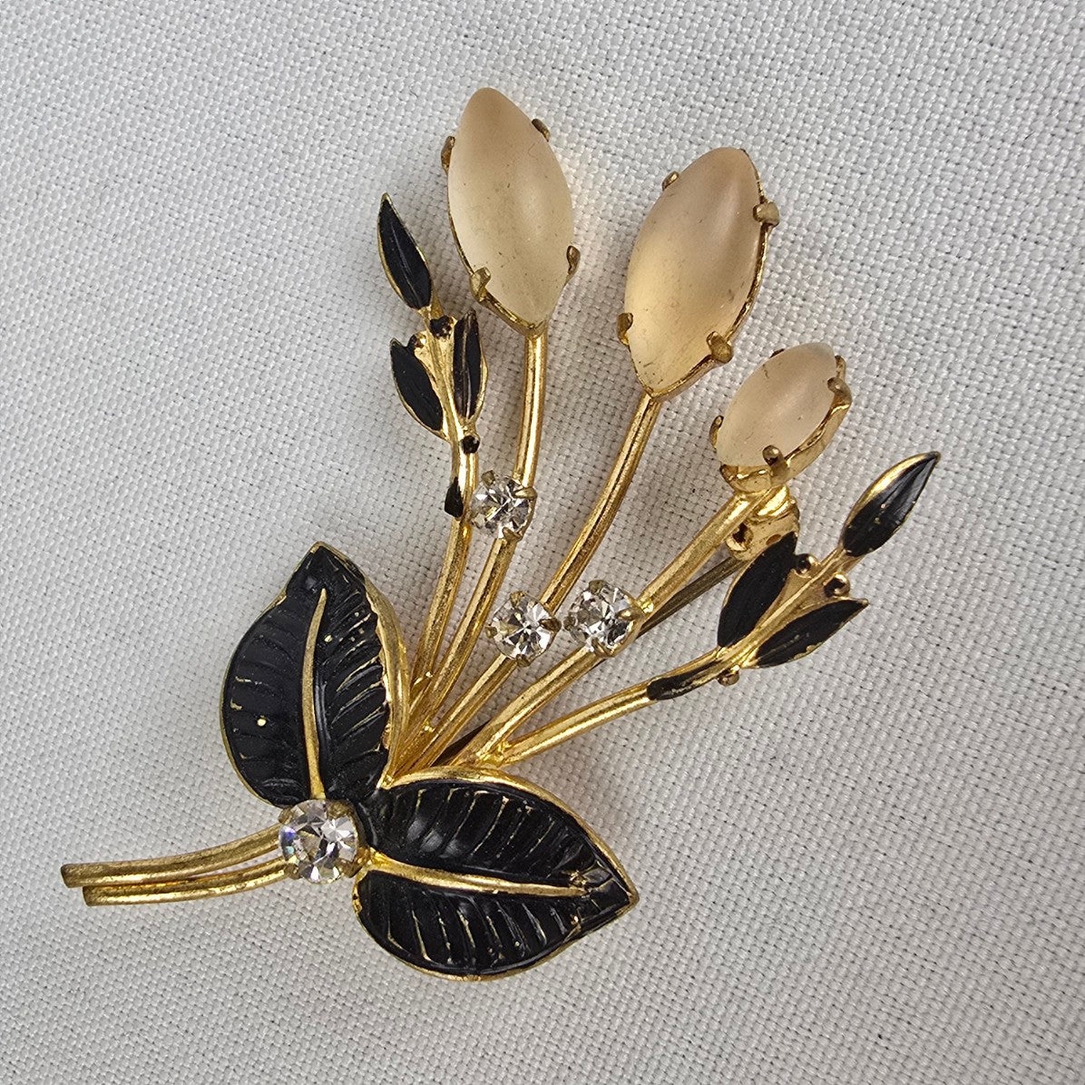 Vintage Austria Black & Gold Flower Brooch