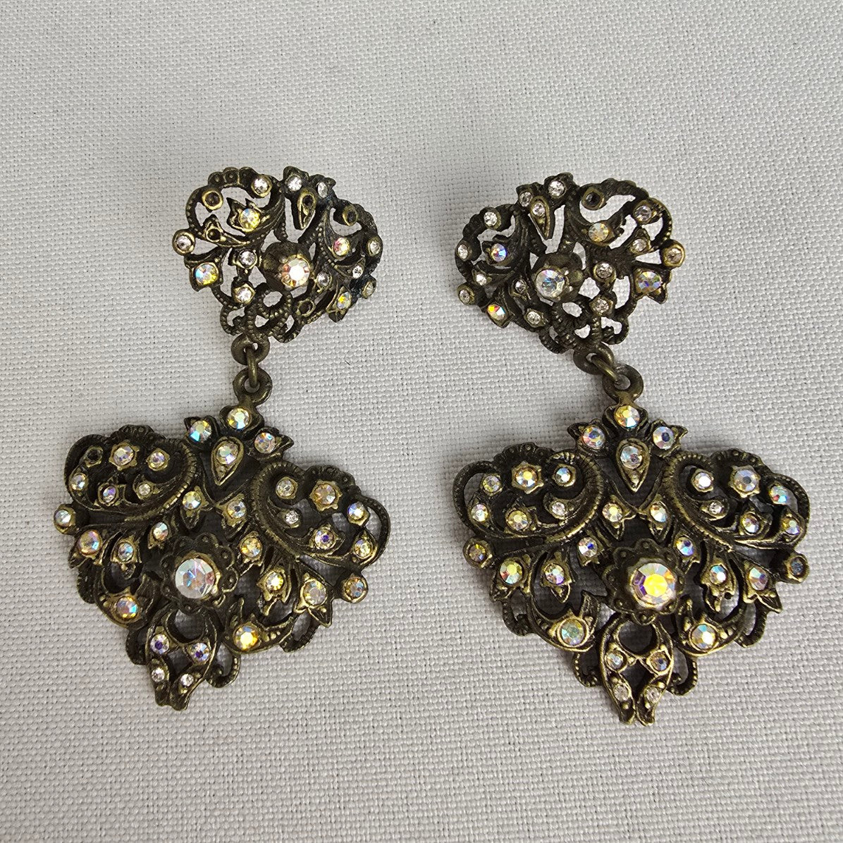 Bronze Tone Rhinestone Filagree Earrings