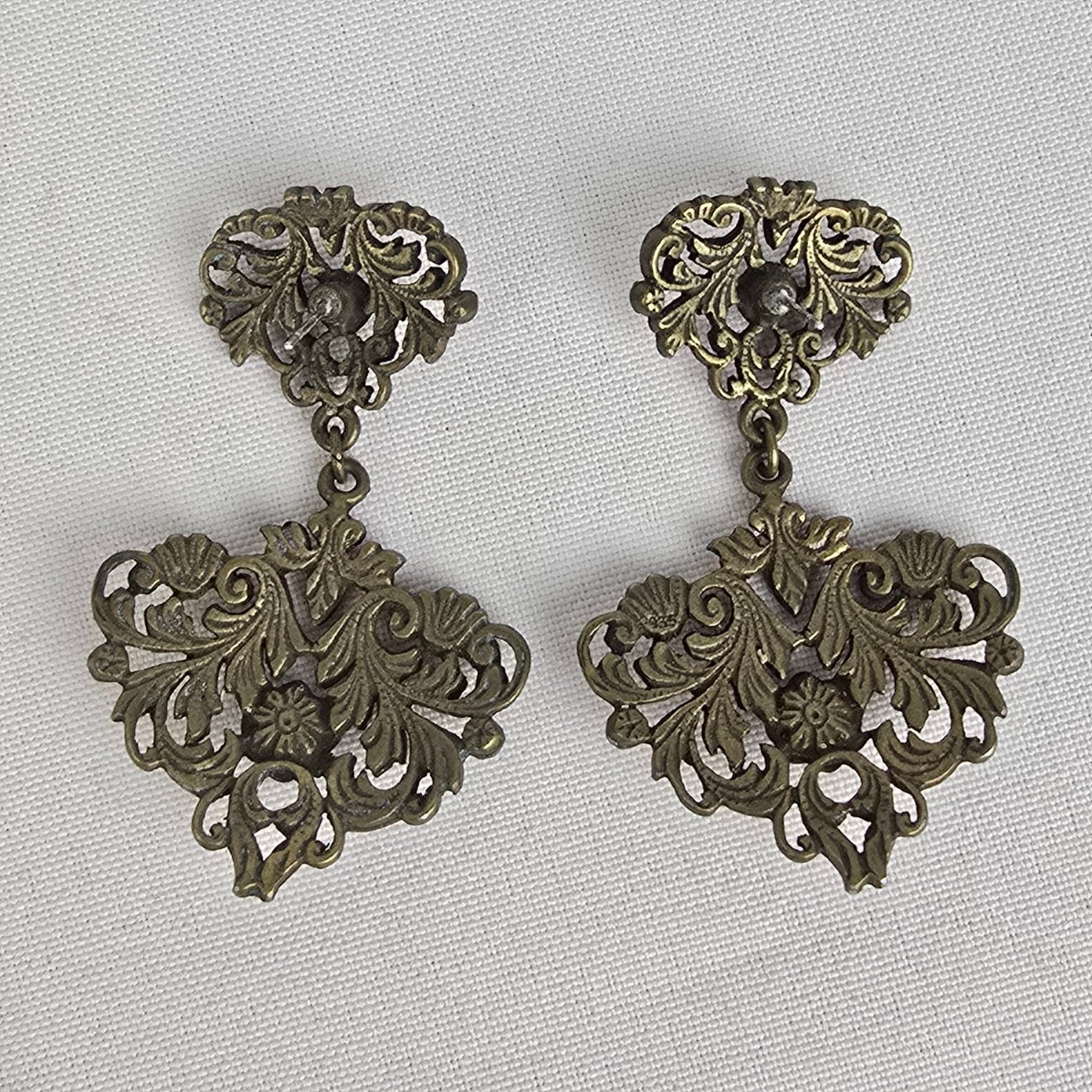 Bronze Tone Rhinestone Filagree Earrings