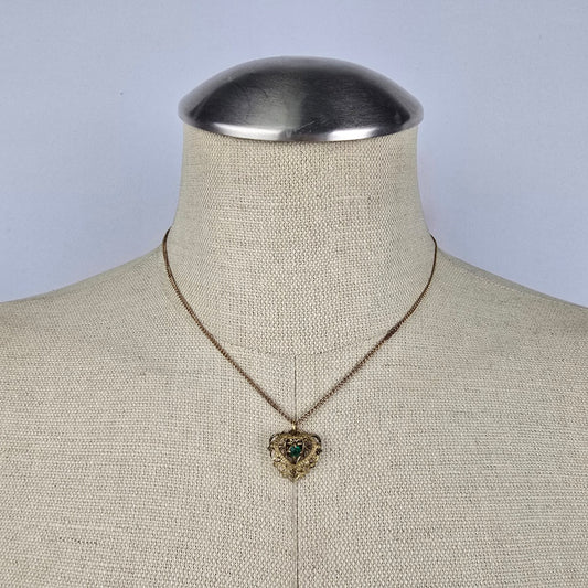Vintage Gold Tone Green Rhinestone Hart Pendant Chain Necklace