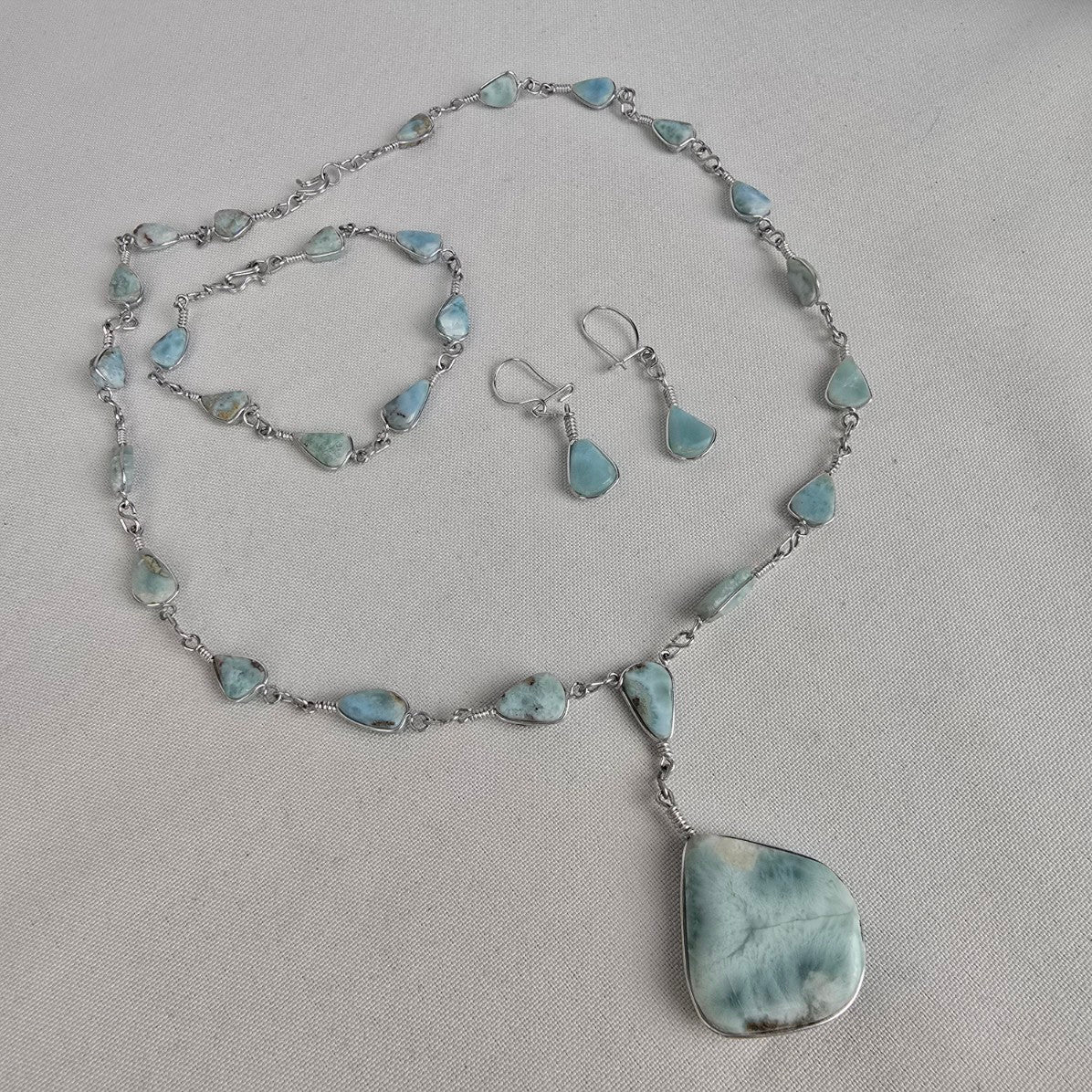 Silver & Blue Natural Stone Necklace Bracelet & Earrings Set