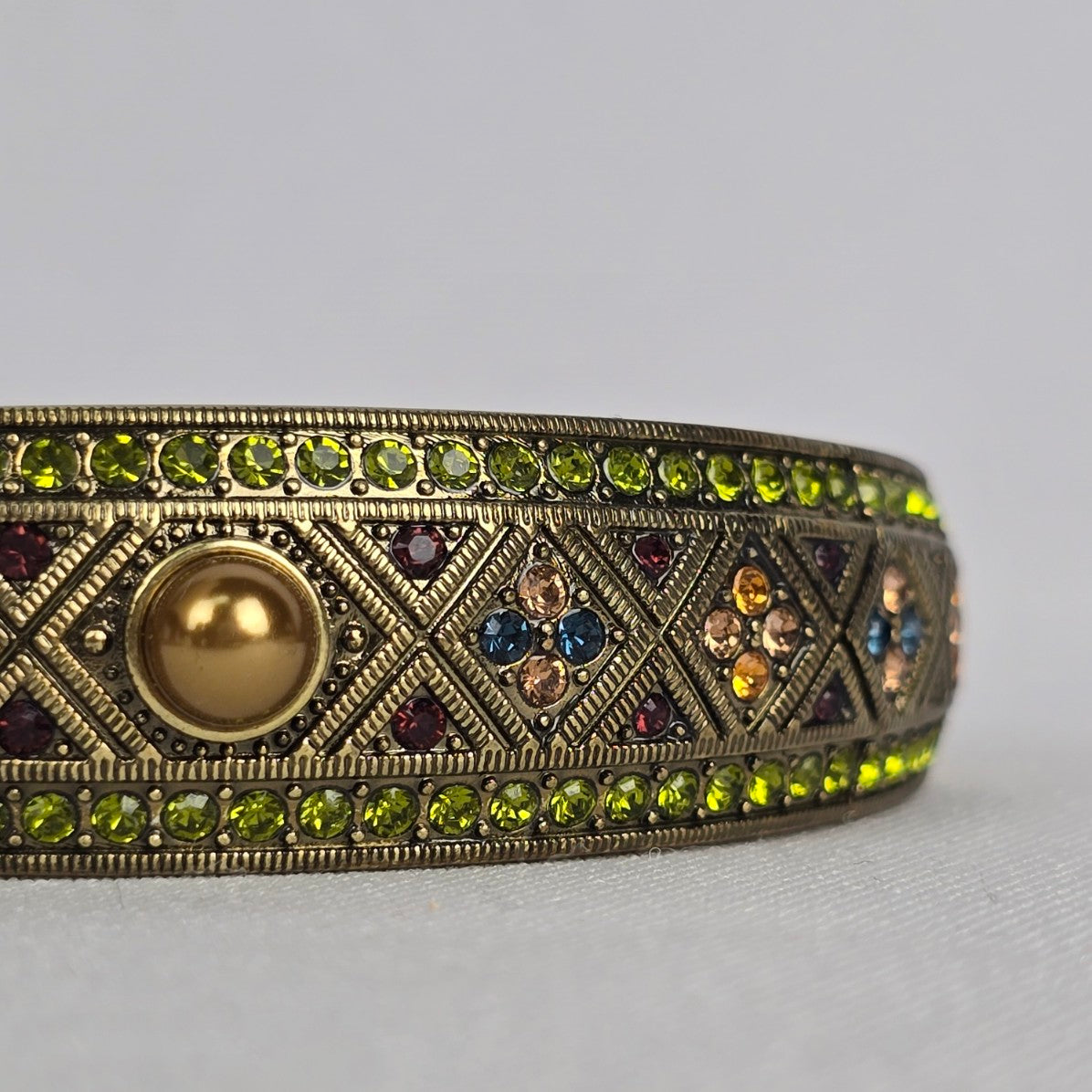 Heidi Daus Golden Faux Pearl Aqua Garnet Topaz Rhinestone Bangle Bracelet