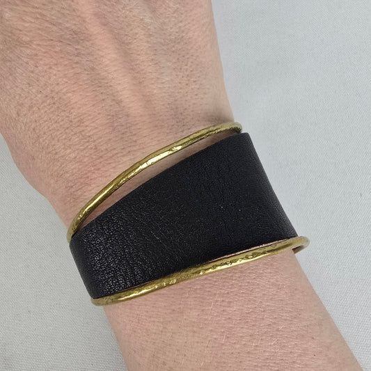 Gold Tone Black Leather Asymmetrical Cuff Bracelet