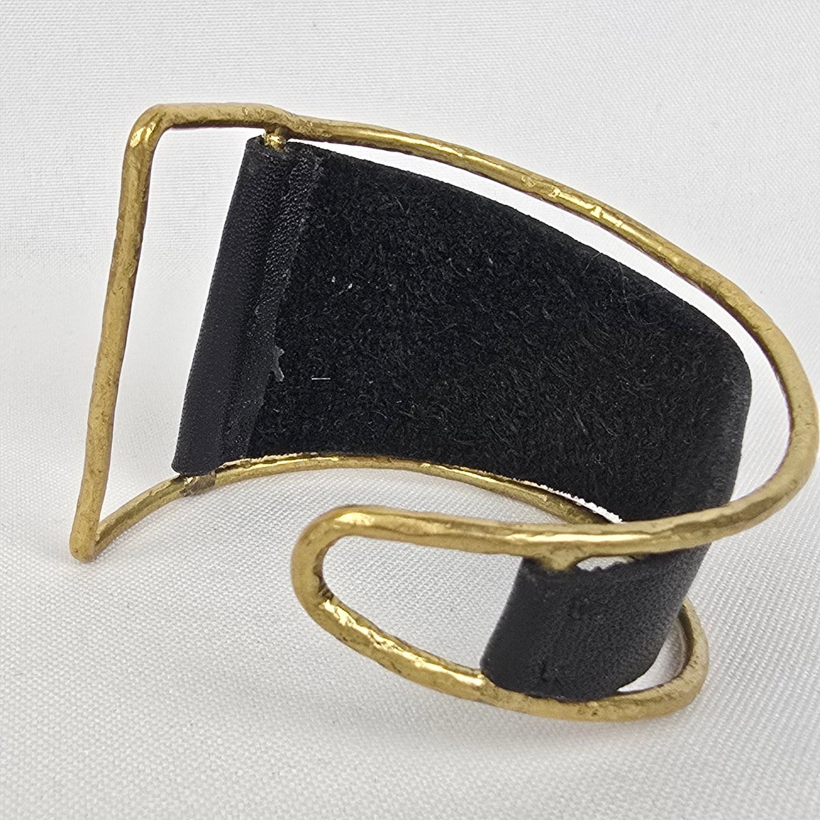 Gold Tone Black Leather Asymmetrical Cuff Bracelet