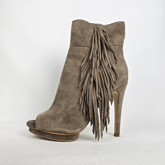 BCBG Generation Genie Suede Fringe Heel Open Toe Boots Size 5.5