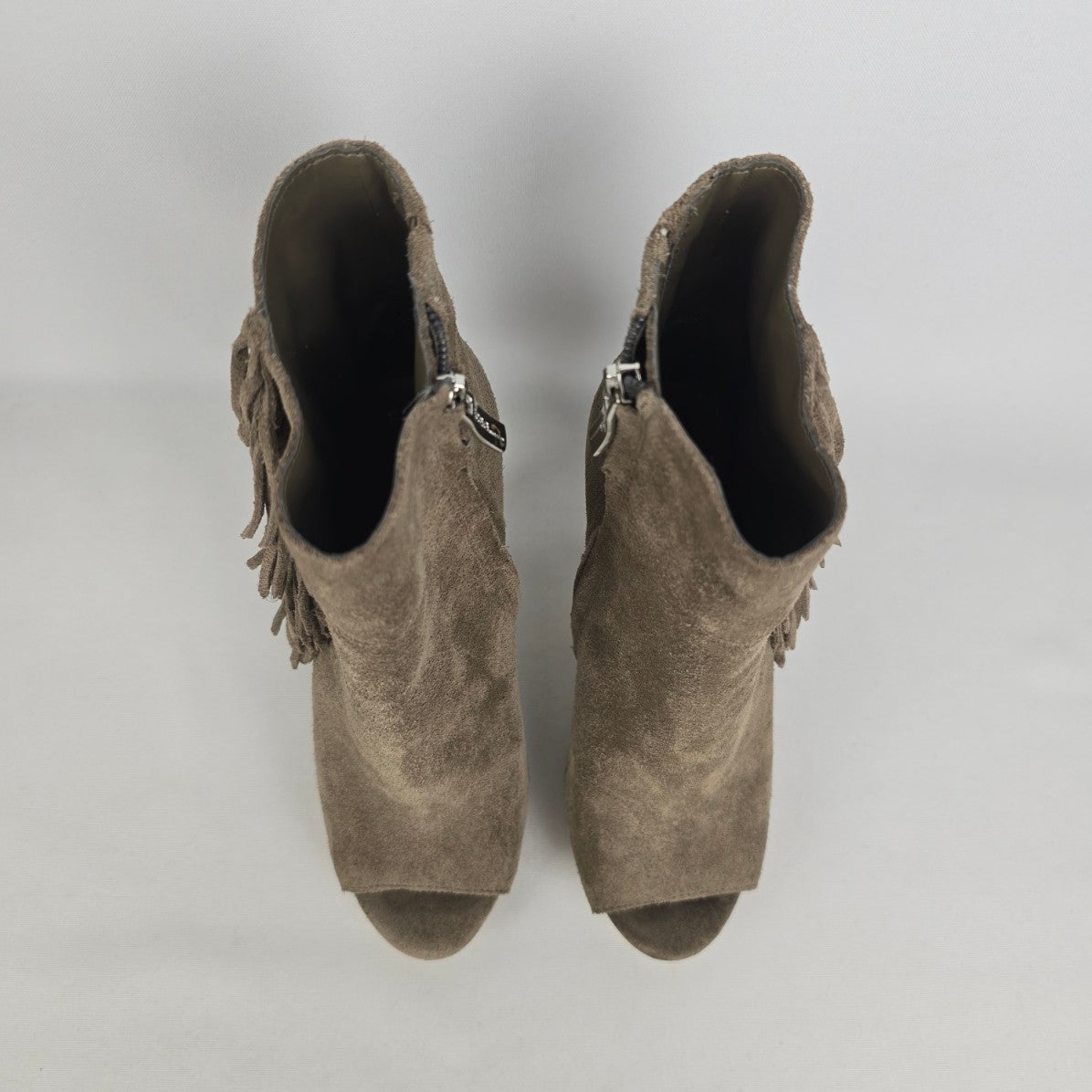 BCBG Generation Genie Suede Fringe Heel Open Toe Boots Size 5.5