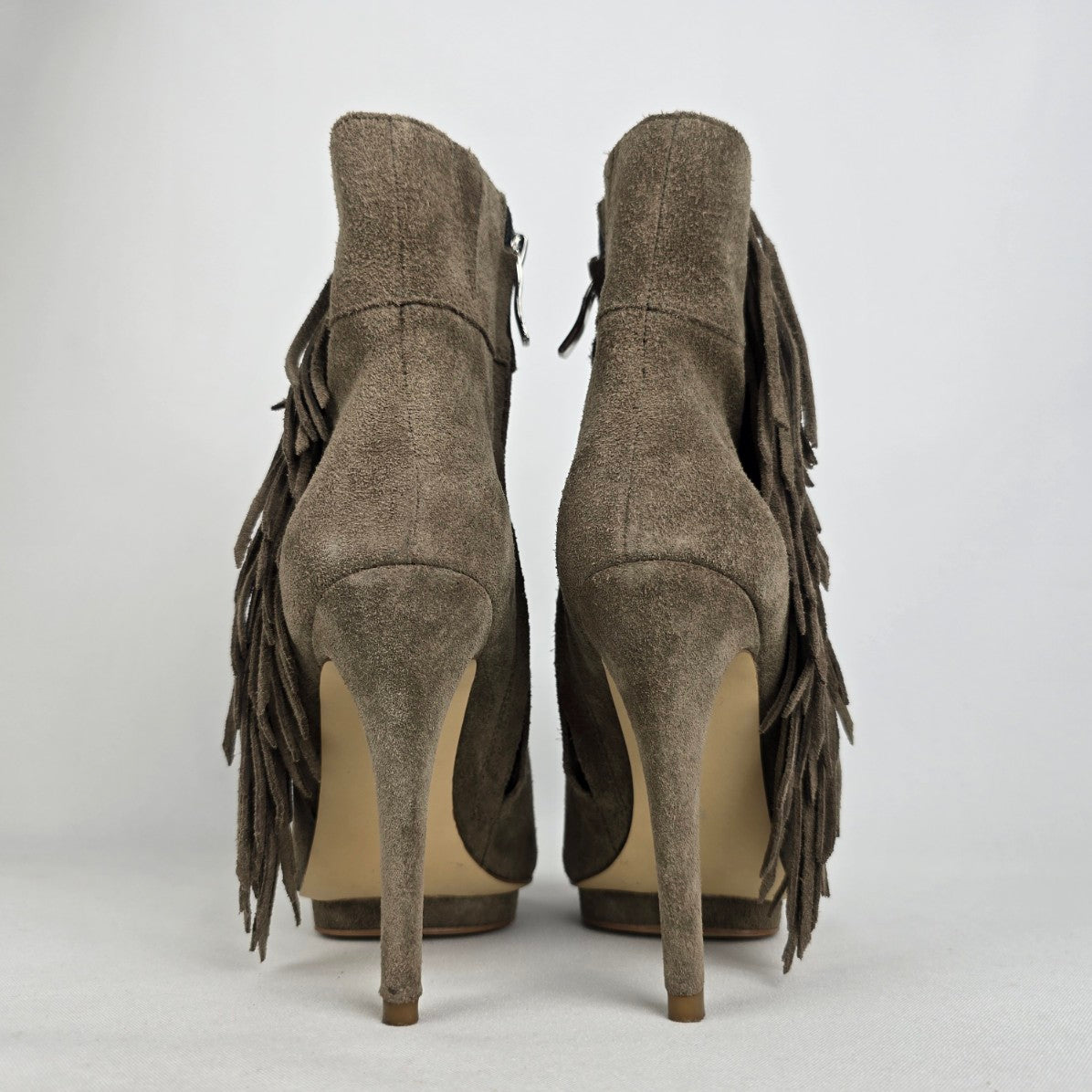 BCBG Generation Genie Suede Fringe Heel Open Toe Boots Size 5.5