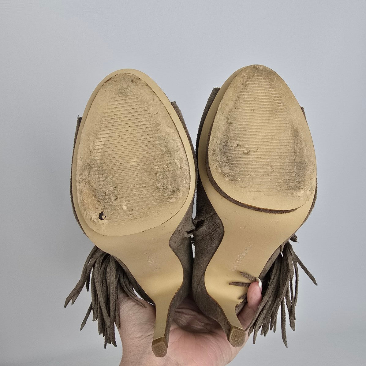 BCBG Generation Genie Suede Fringe Heel Open Toe Boots Size 5.5