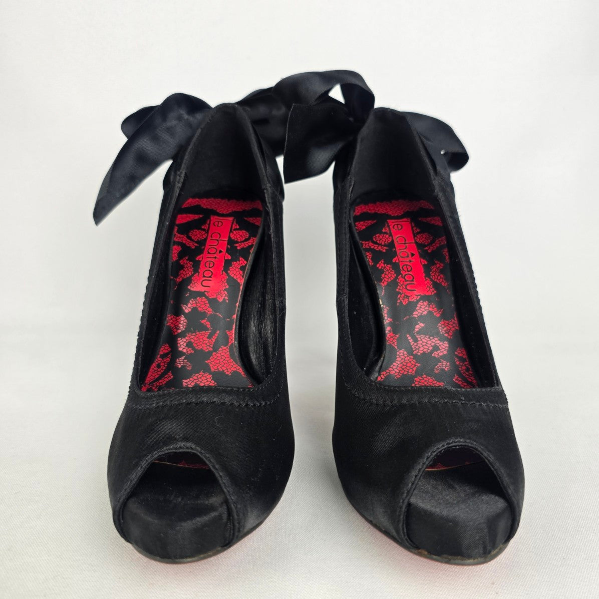 Le Chateau Black Satin Bow Detail Peep Toe Heeled Shoes Size 5