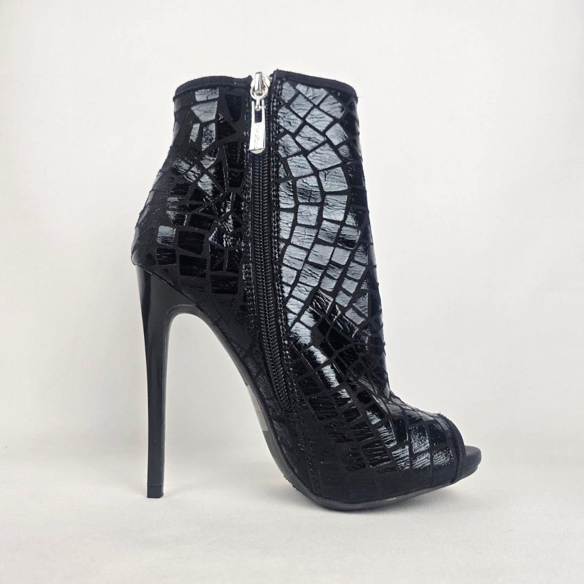 Black Leather Peep Toe Heeled Bootie Size 6