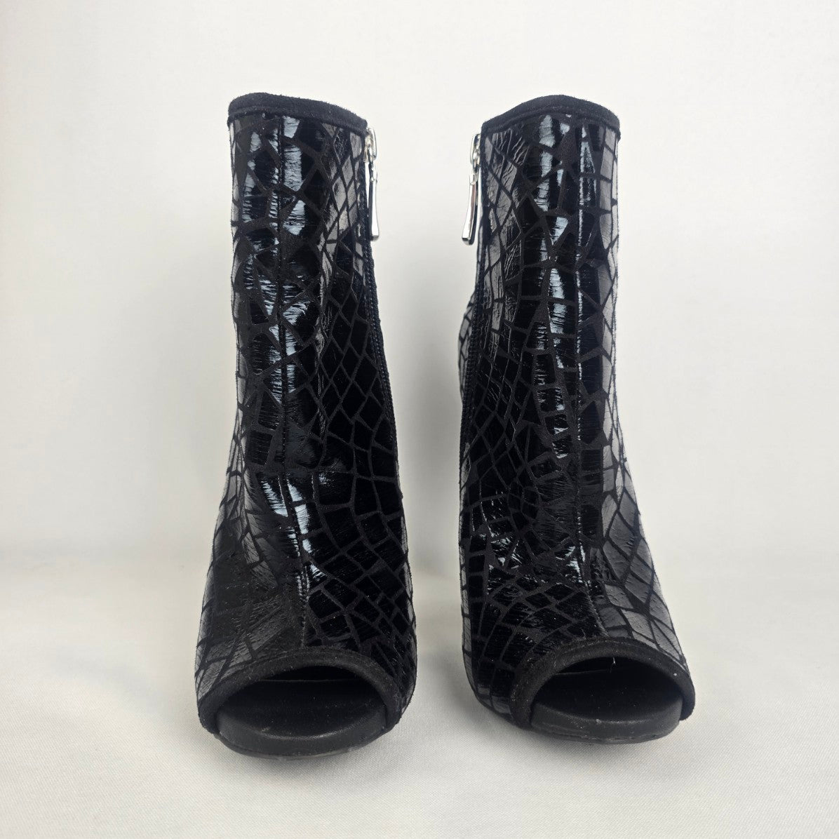 Black Leather Peep Toe Heeled Bootie Size 6