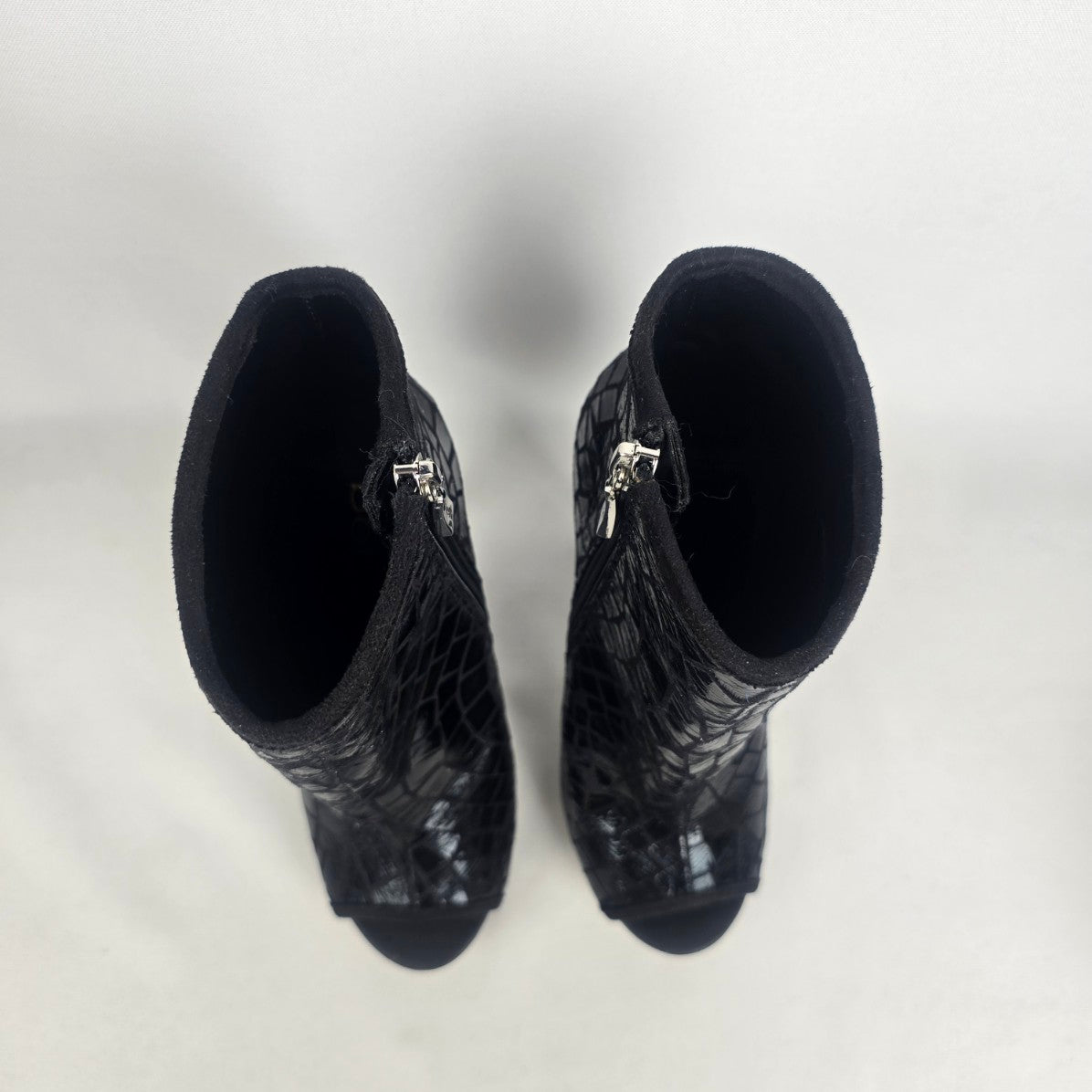Black Leather Peep Toe Heeled Bootie Size 6