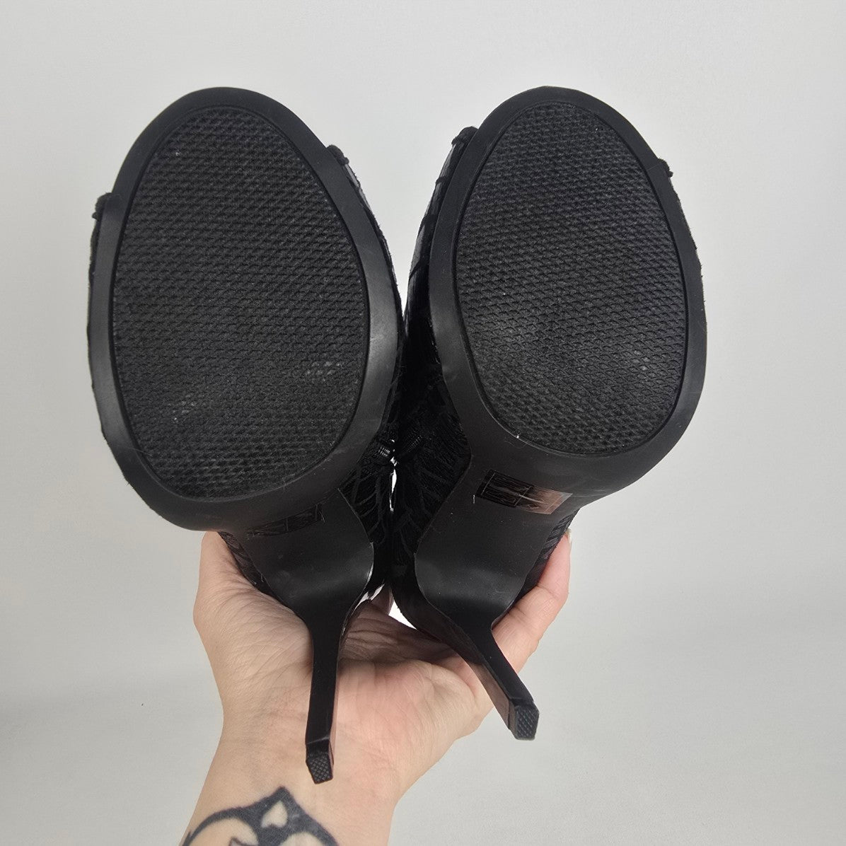 Black Leather Peep Toe Heeled Bootie Size 6