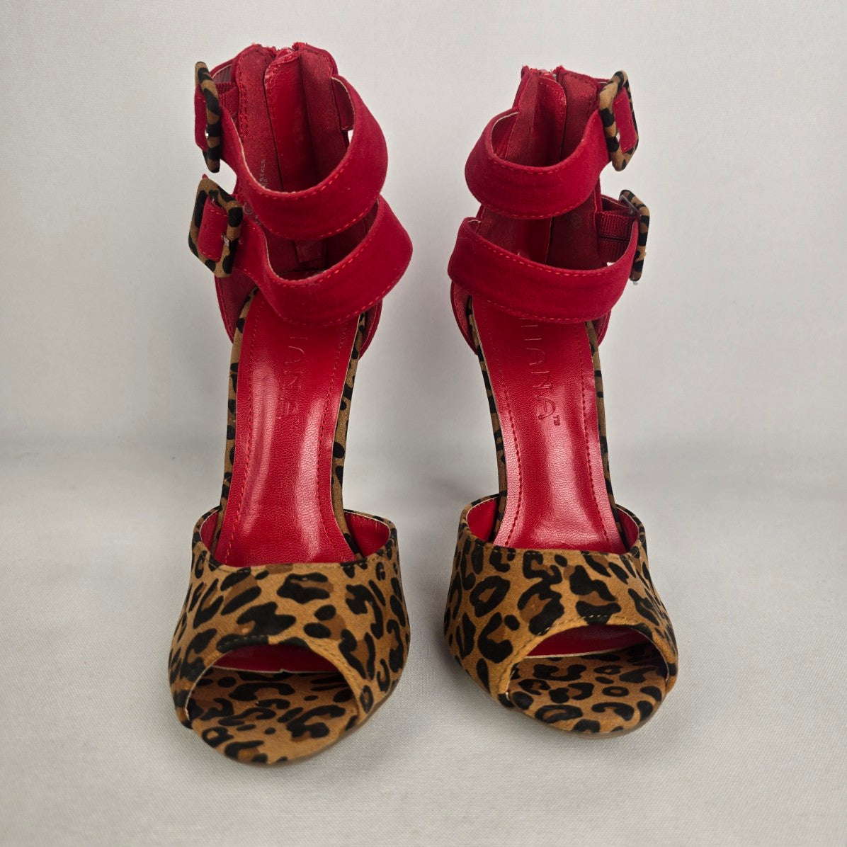 Liliana Red Animal Print Ankle Strap Heeled Shoes Size 5.5
