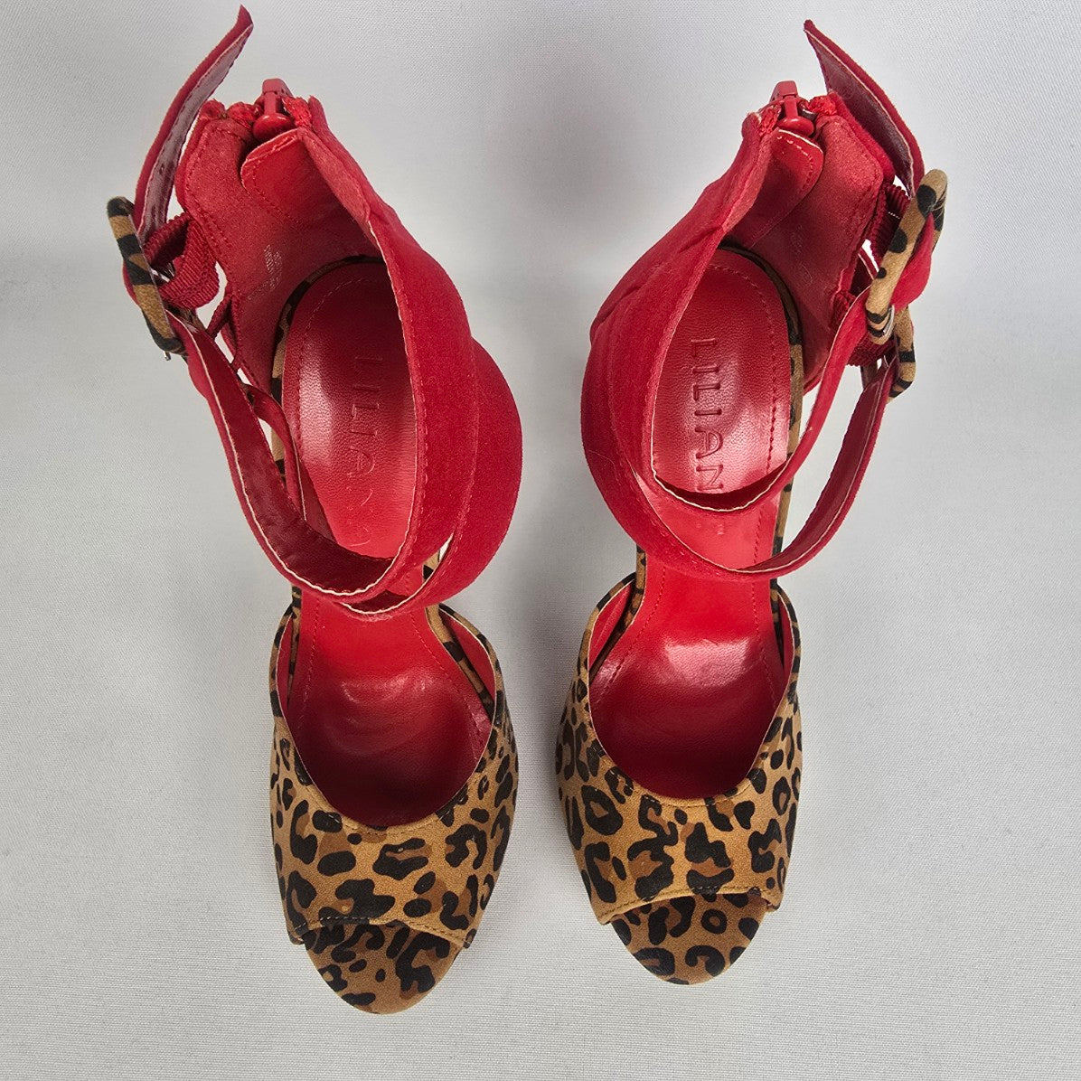 Liliana Red Animal Print Ankle Strap Heeled Shoes Size 5.5