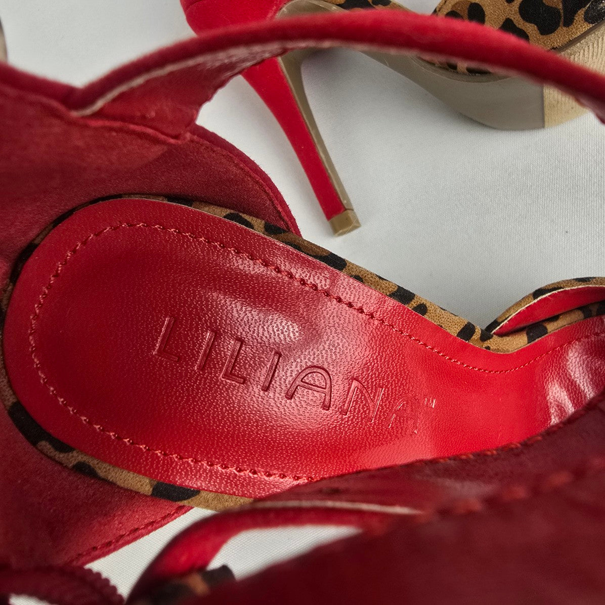 Liliana Red Animal Print Ankle Strap Heeled Shoes Size 5.5