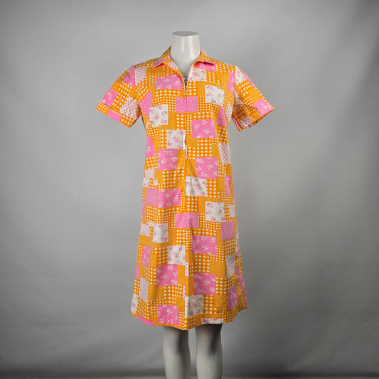 Vintage Orange & Pink Quilted Print House Dress Size M