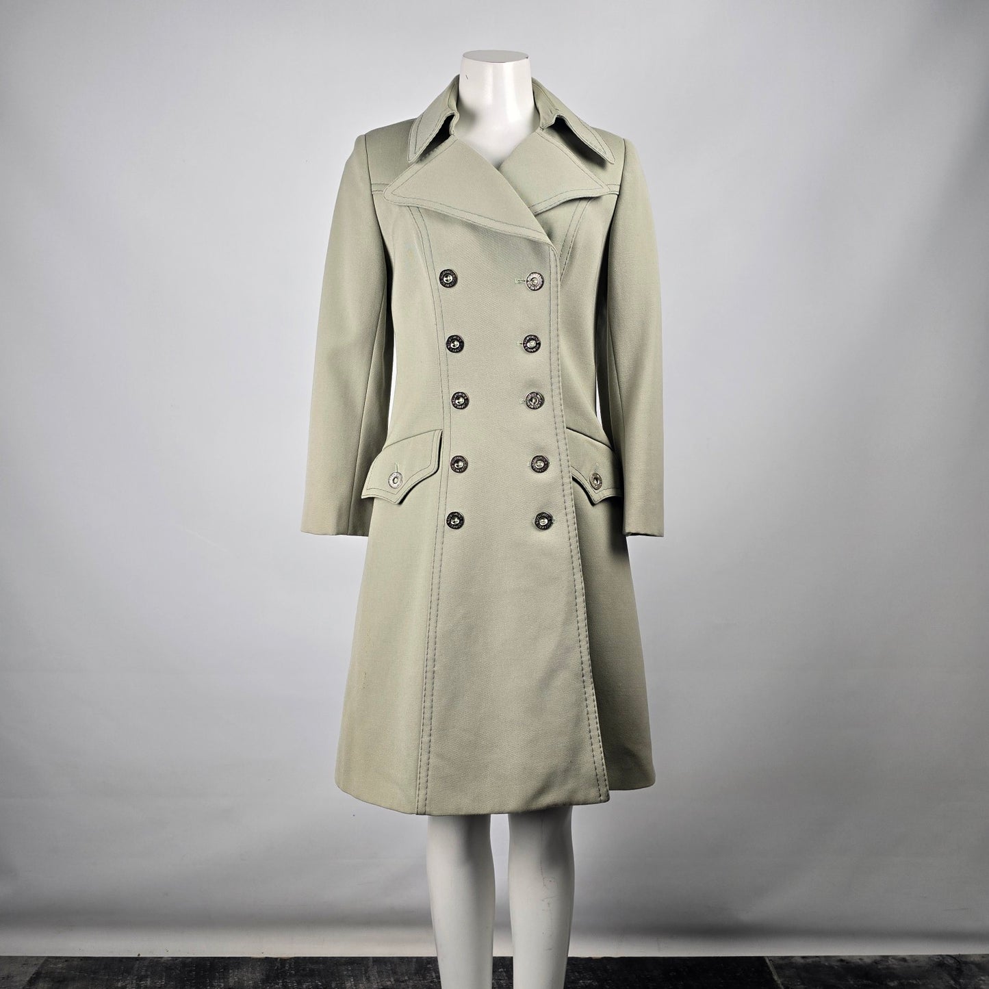 Vintage High Class Wool Green Double Breasted Militaries Equipment Trench Coat Size M