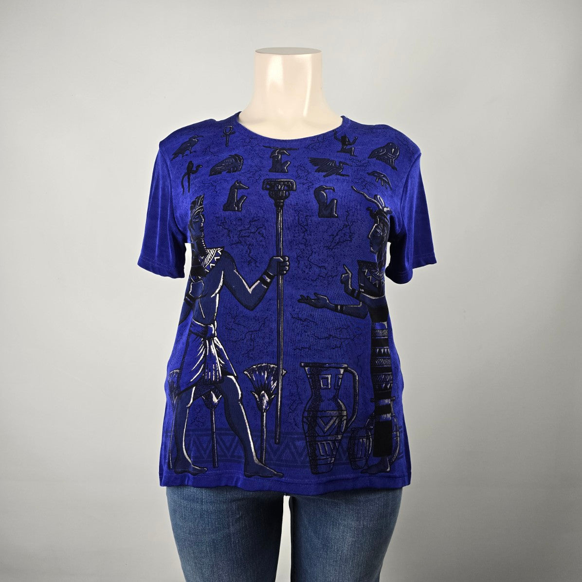 Vintage Primavera Blue Slinky Jersey Egyptian Print Top Size S/M