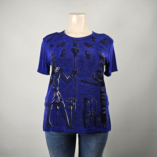Vintage Primavera Blue Slinky Jersey Egyptian Print Top Size S/M