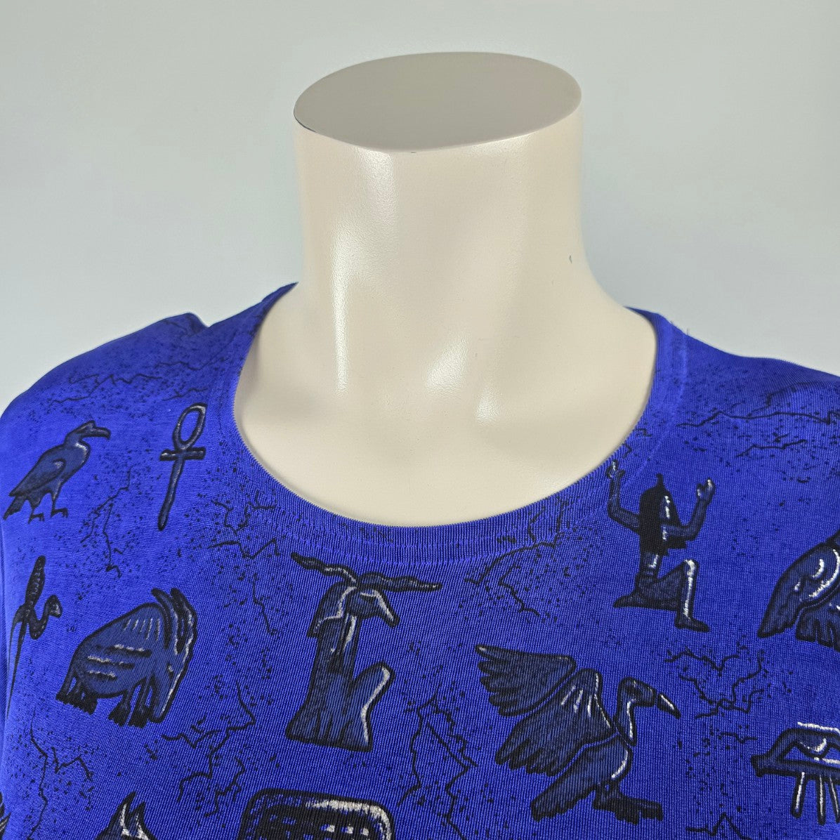 Vintage Primavera Blue Slinky Jersey Egyptian Print Top Size S/M