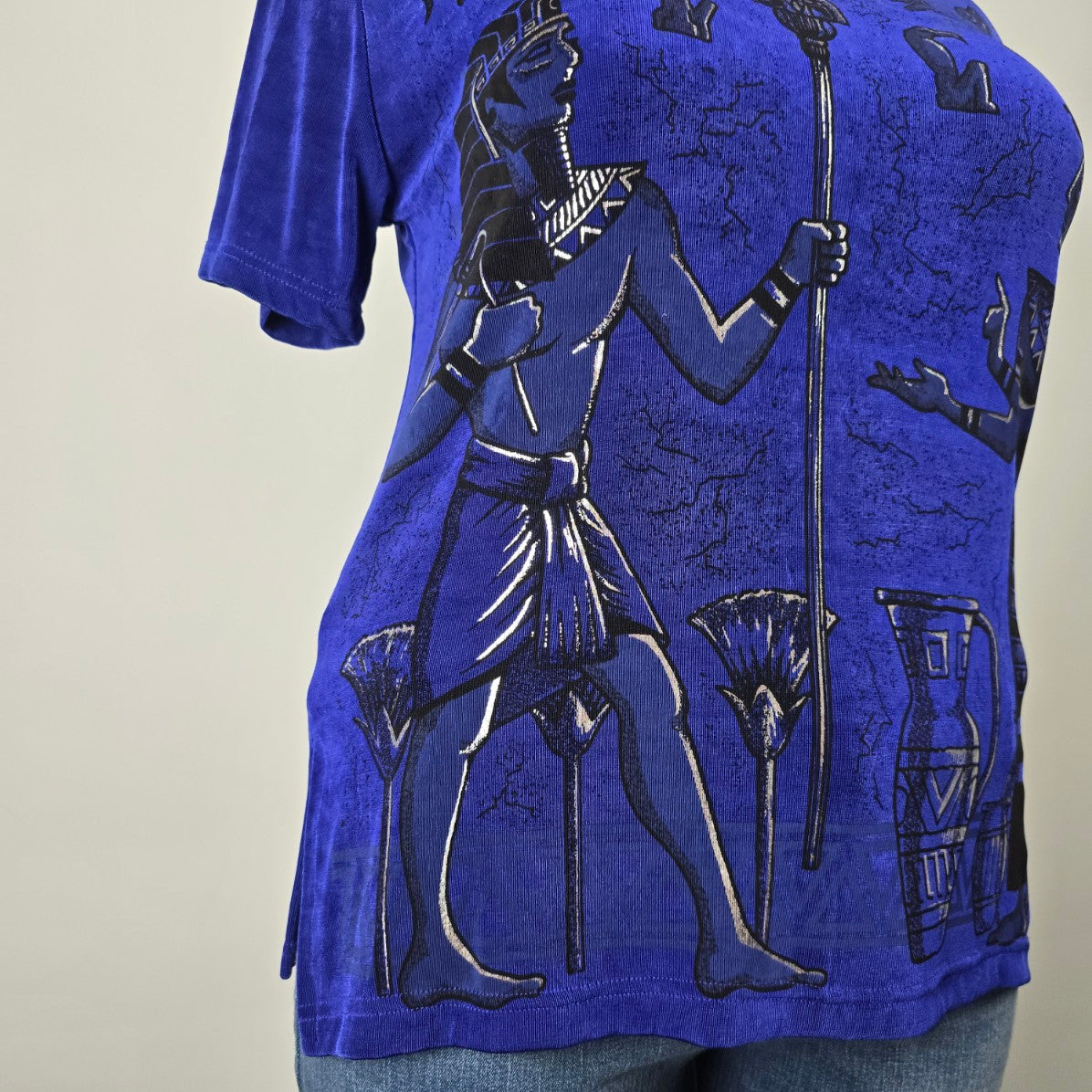 Vintage Primavera Blue Slinky Jersey Egyptian Print Top Size S/M