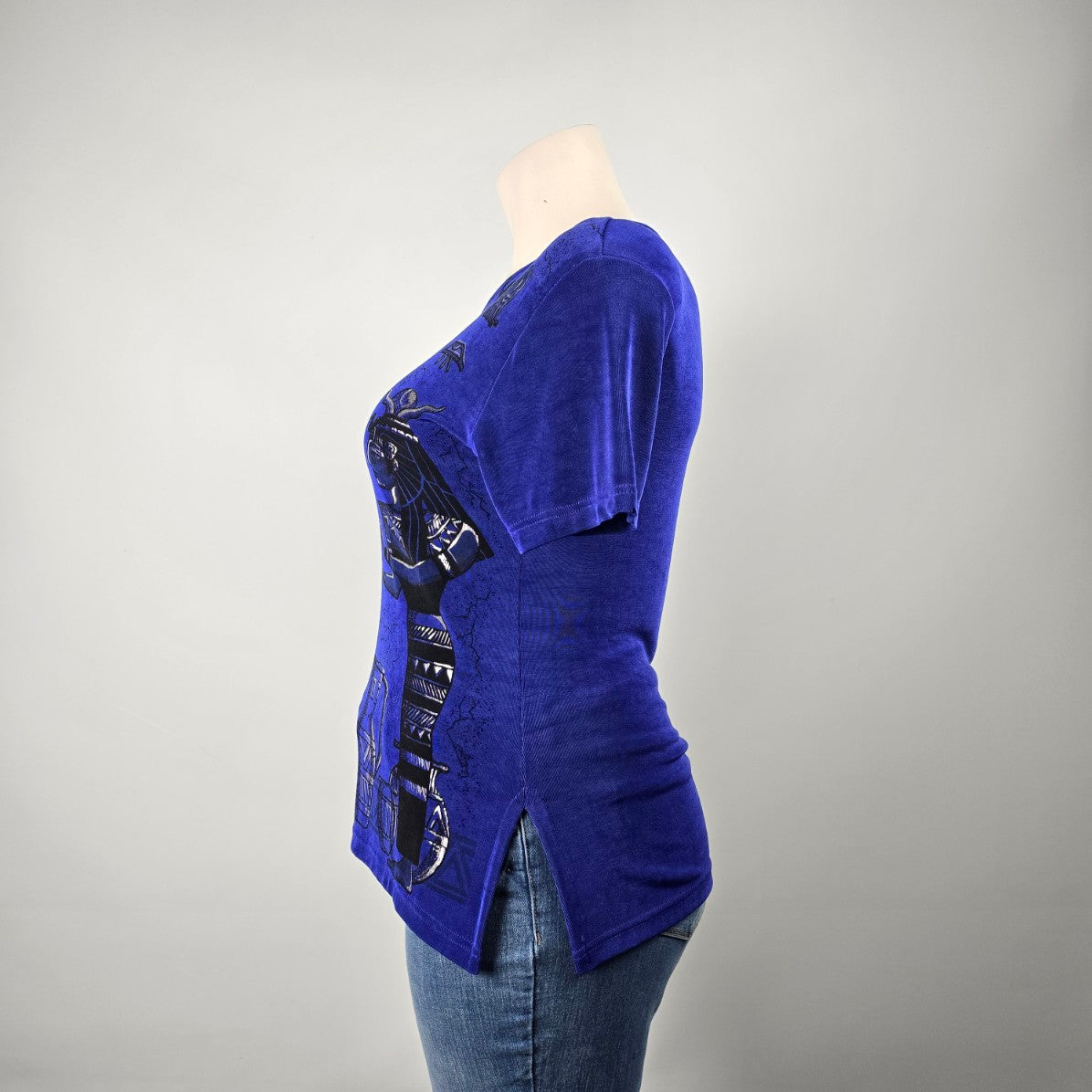Vintage Primavera Blue Slinky Jersey Egyptian Print Top Size S/M