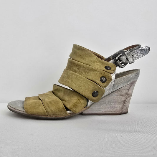 AS98 Yellow & Silver Leather Wedge Heel Strappy Sandals Size 9