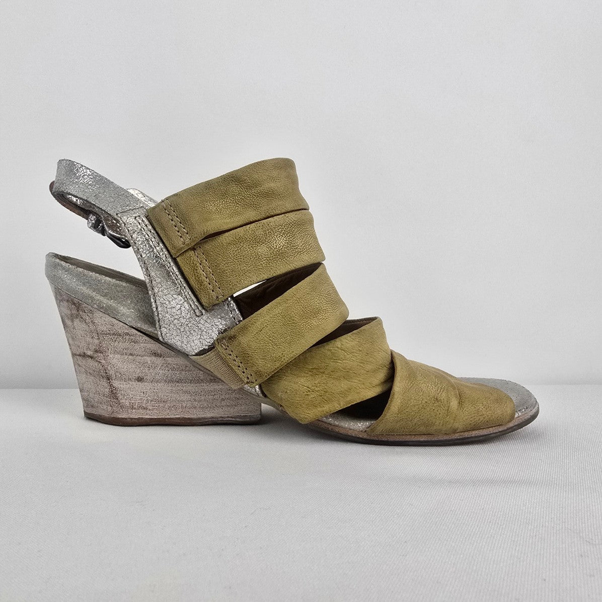 AS98 Yellow & Silver Leather Wedge Heel Strappy Sandals Size 9