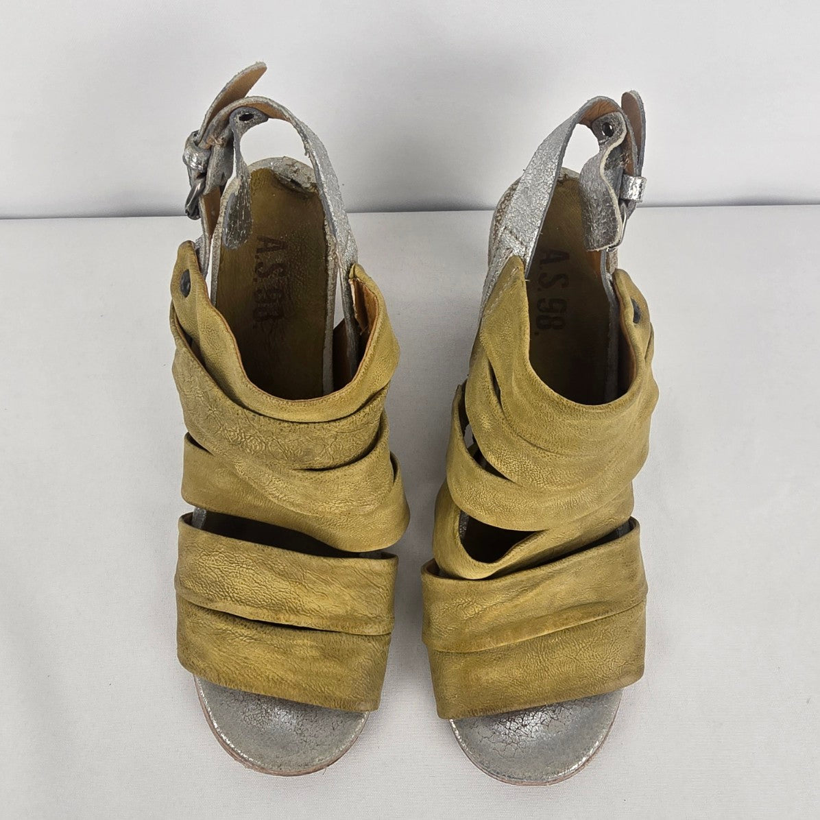 AS98 Yellow & Silver Leather Wedge Heel Strappy Sandals Size 9