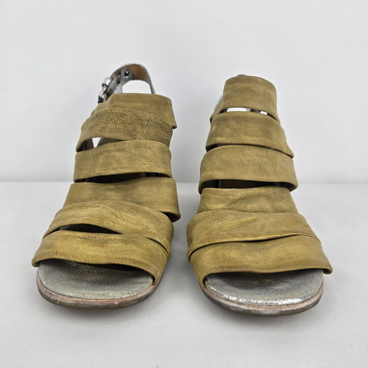 AS98 Yellow & Silver Leather Wedge Heel Strappy Sandals Size 9