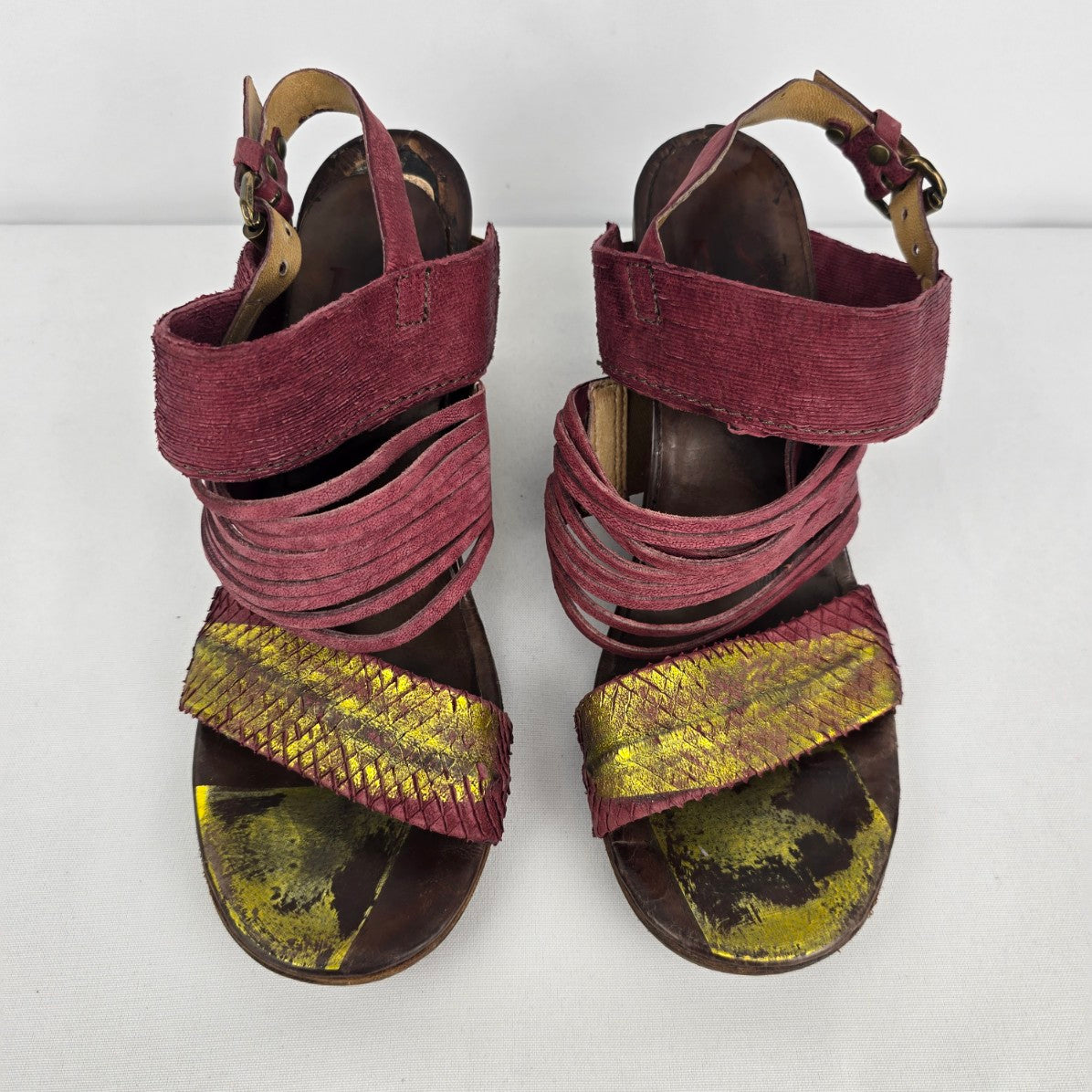AS98 Pink & Gold Leather Wedge Strappy Sandals Size 9