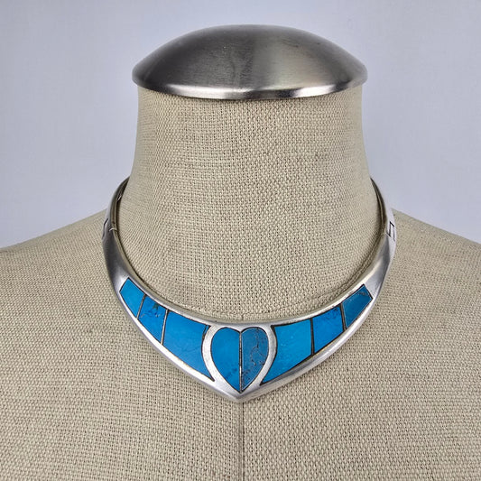 Vintage Taxco Sterling Silver 925 Turquoise Collar Heart Necklace