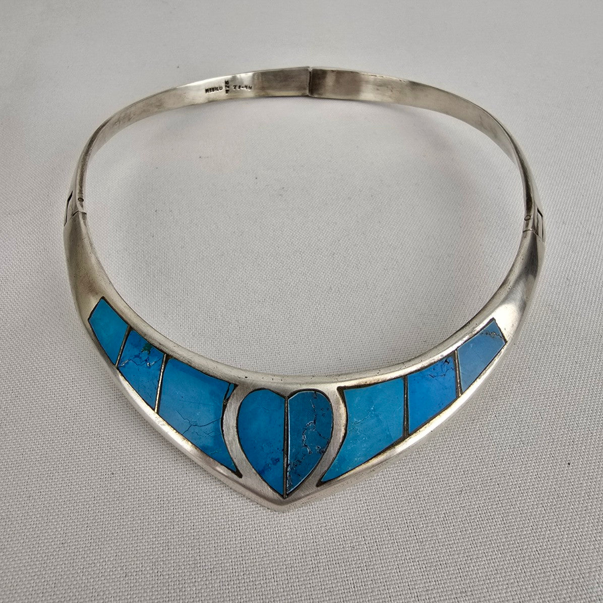 Vintage Taxco Sterling Silver 925 Turquoise Collar Heart Necklace