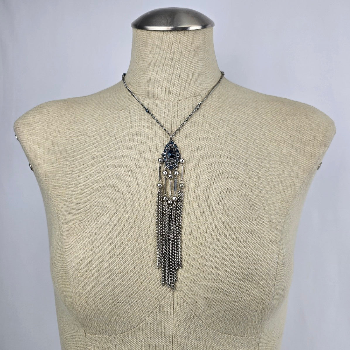 Silver & Blue Rhinestone Fringe Necklace