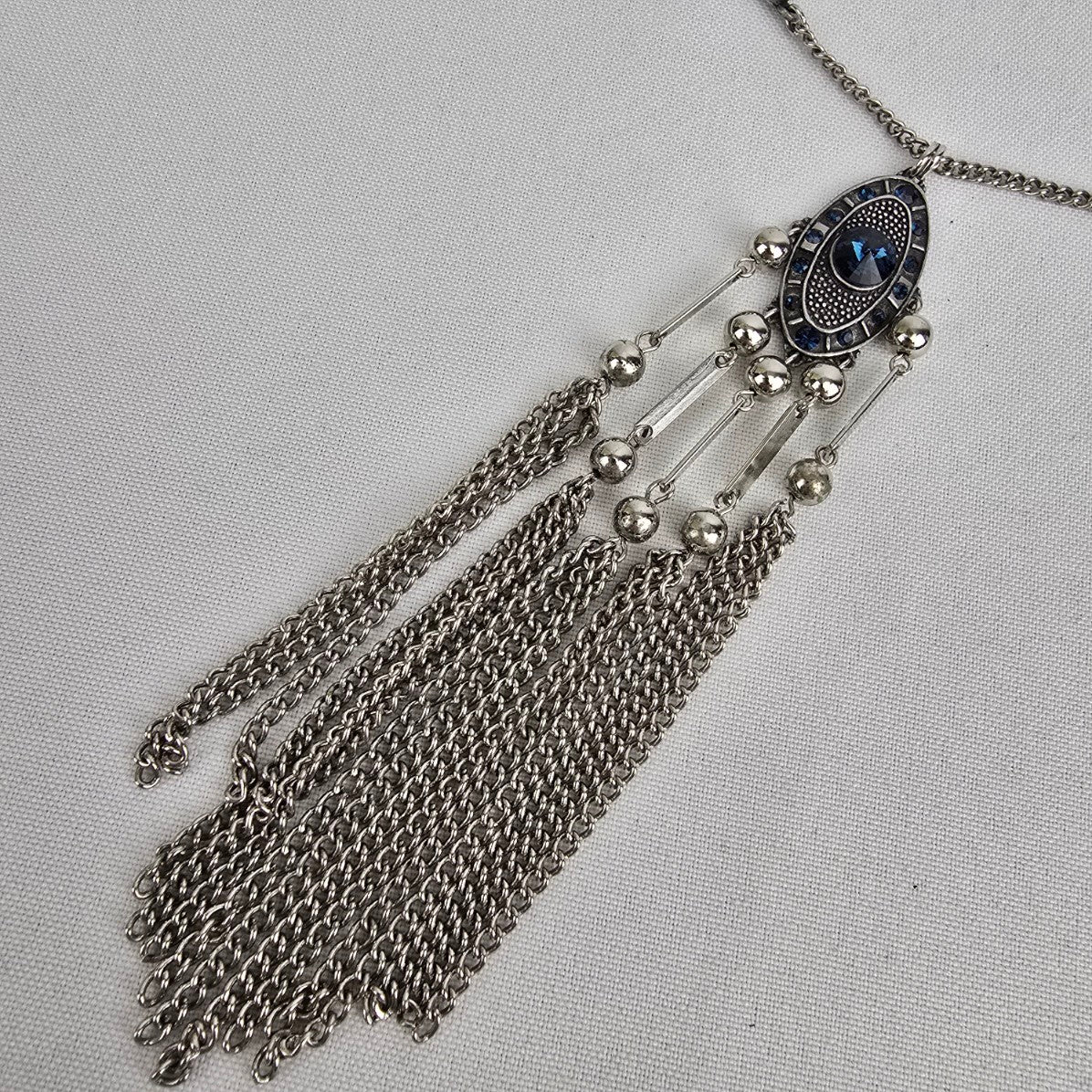Silver & Blue Rhinestone Fringe Necklace