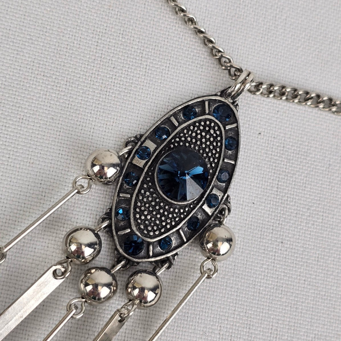 Silver & Blue Rhinestone Fringe Necklace