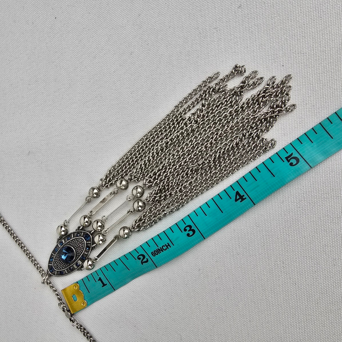 Silver & Blue Rhinestone Fringe Necklace