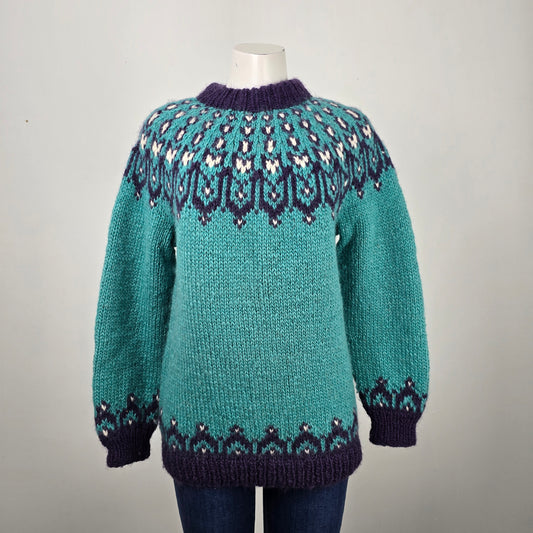 Vintage Handknit Icelandic Teal & Purple Sweater Size M/L