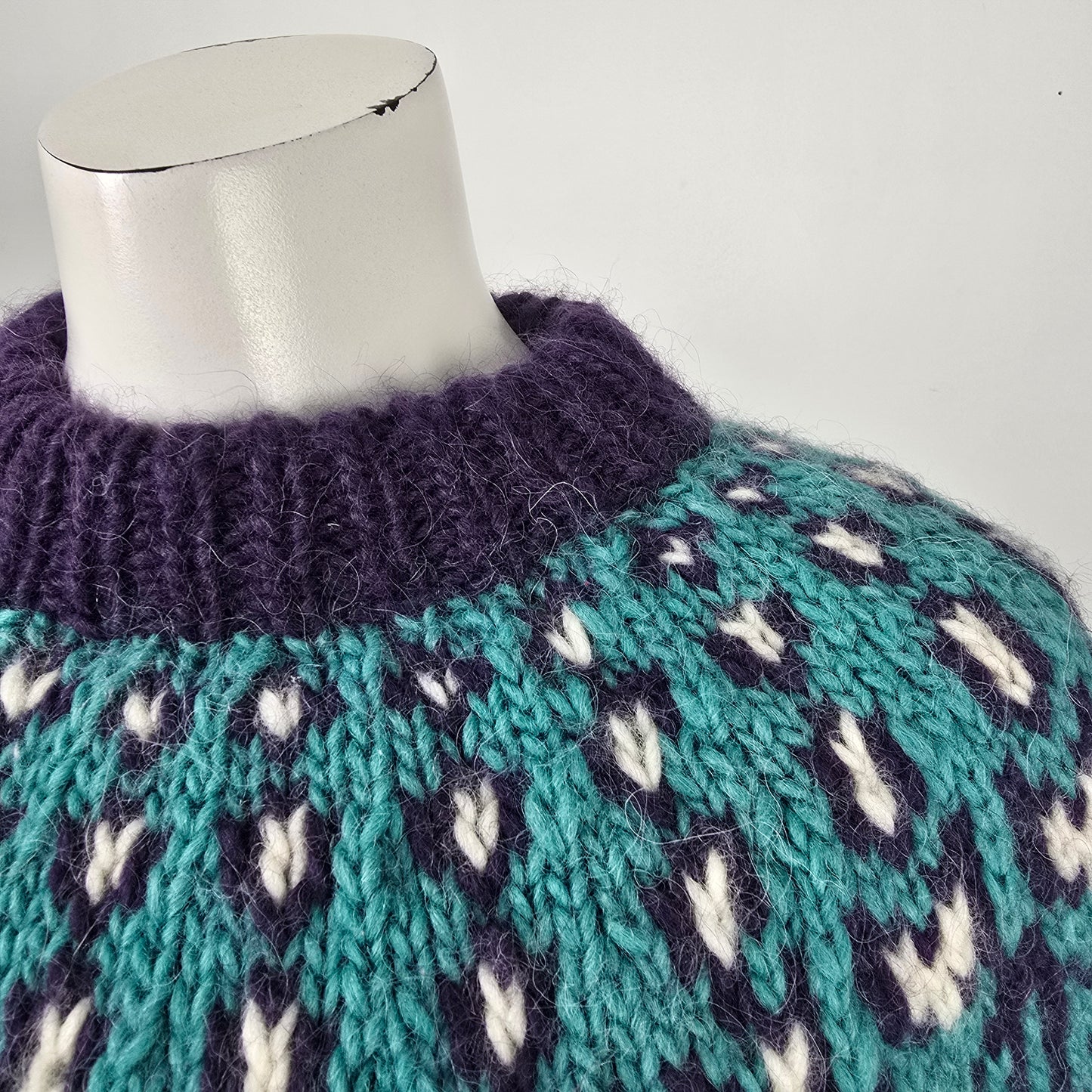 Vintage Handknit Icelandic Teal & Purple Sweater Size M/L