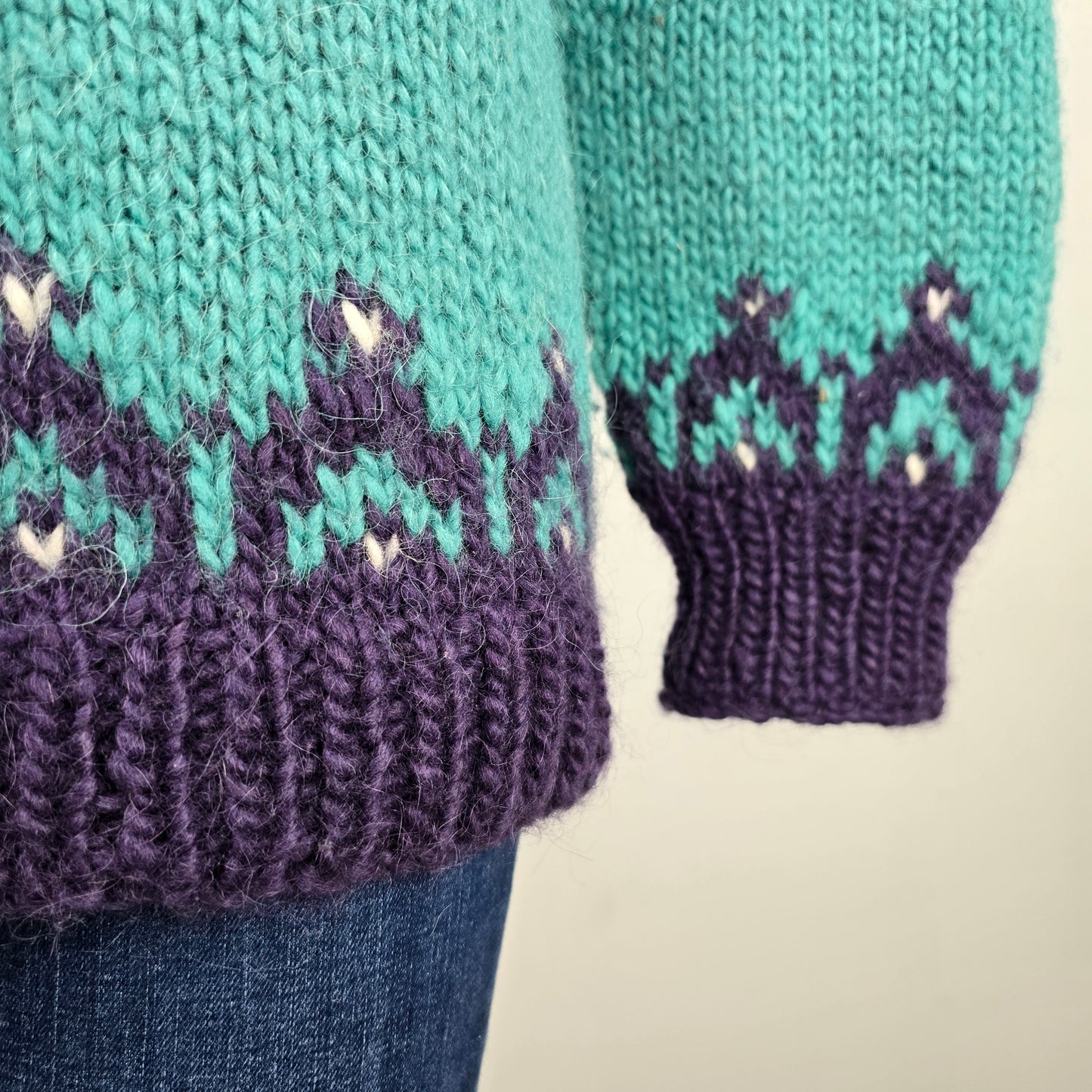 Vintage Handknit Icelandic Teal & Purple Sweater Size M/L