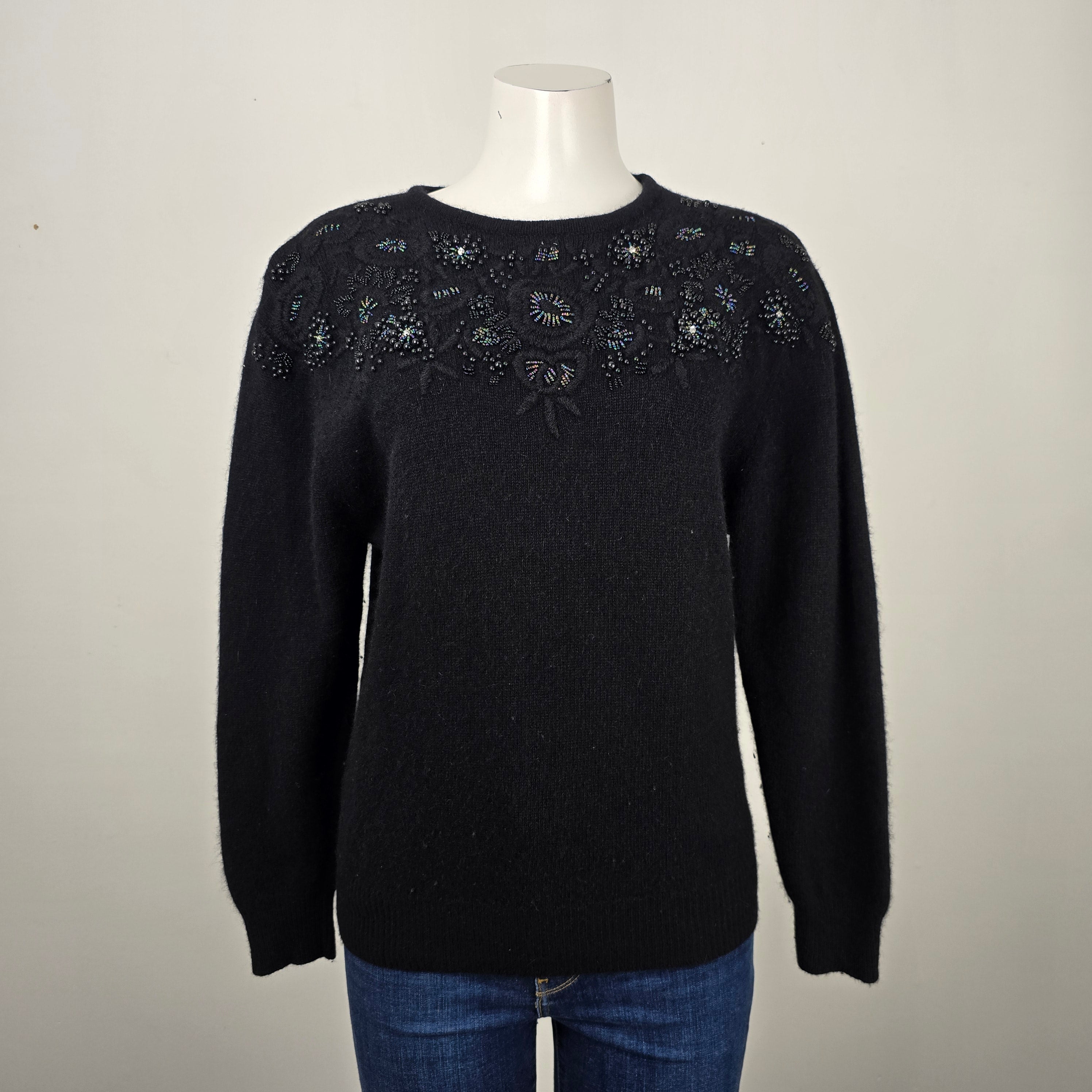 Vintage Climax Black Beaded Lambs Wool Angora Knit Sweater Size M