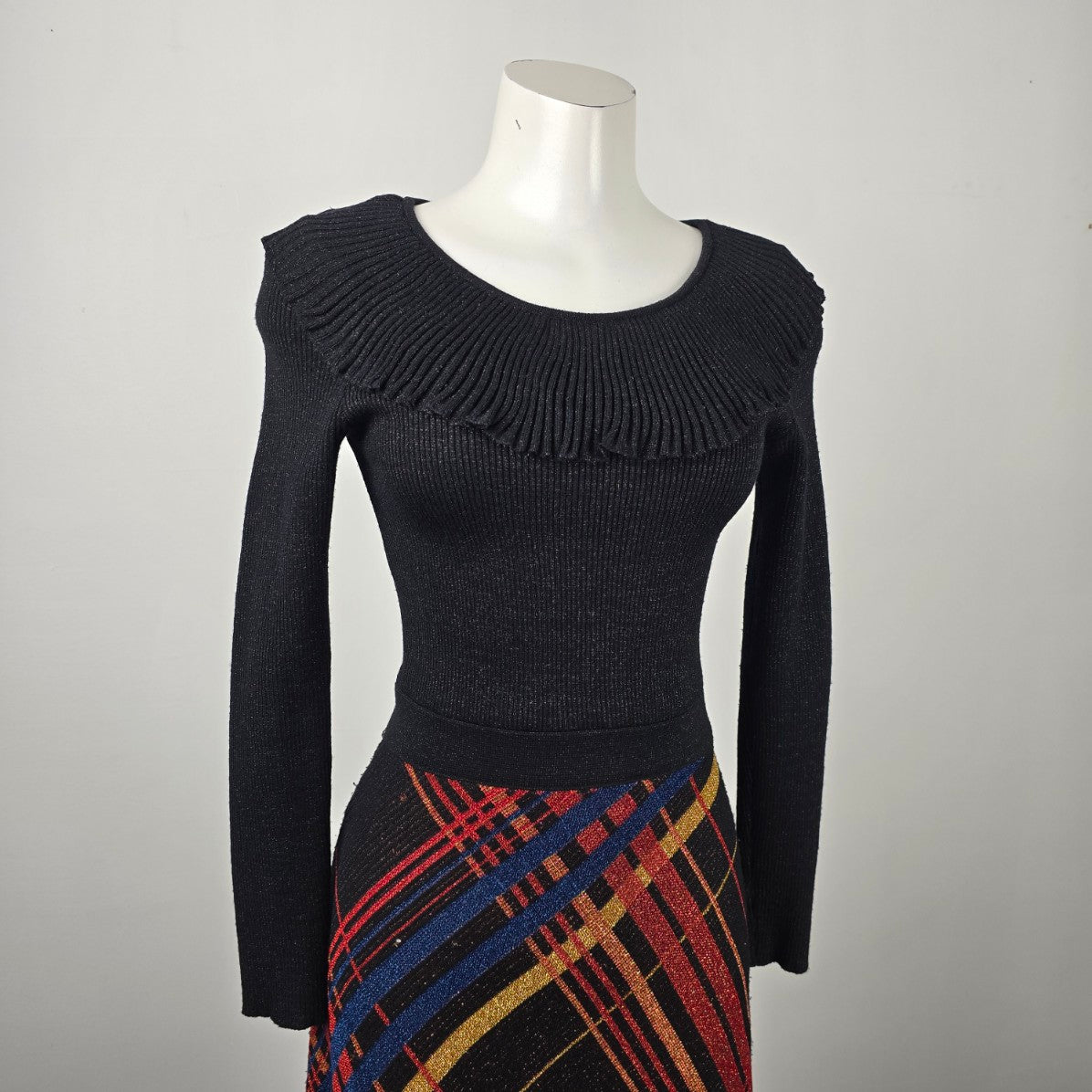 Vintage Wool Black & Red Metallic Knit Long Gown Dress Size S