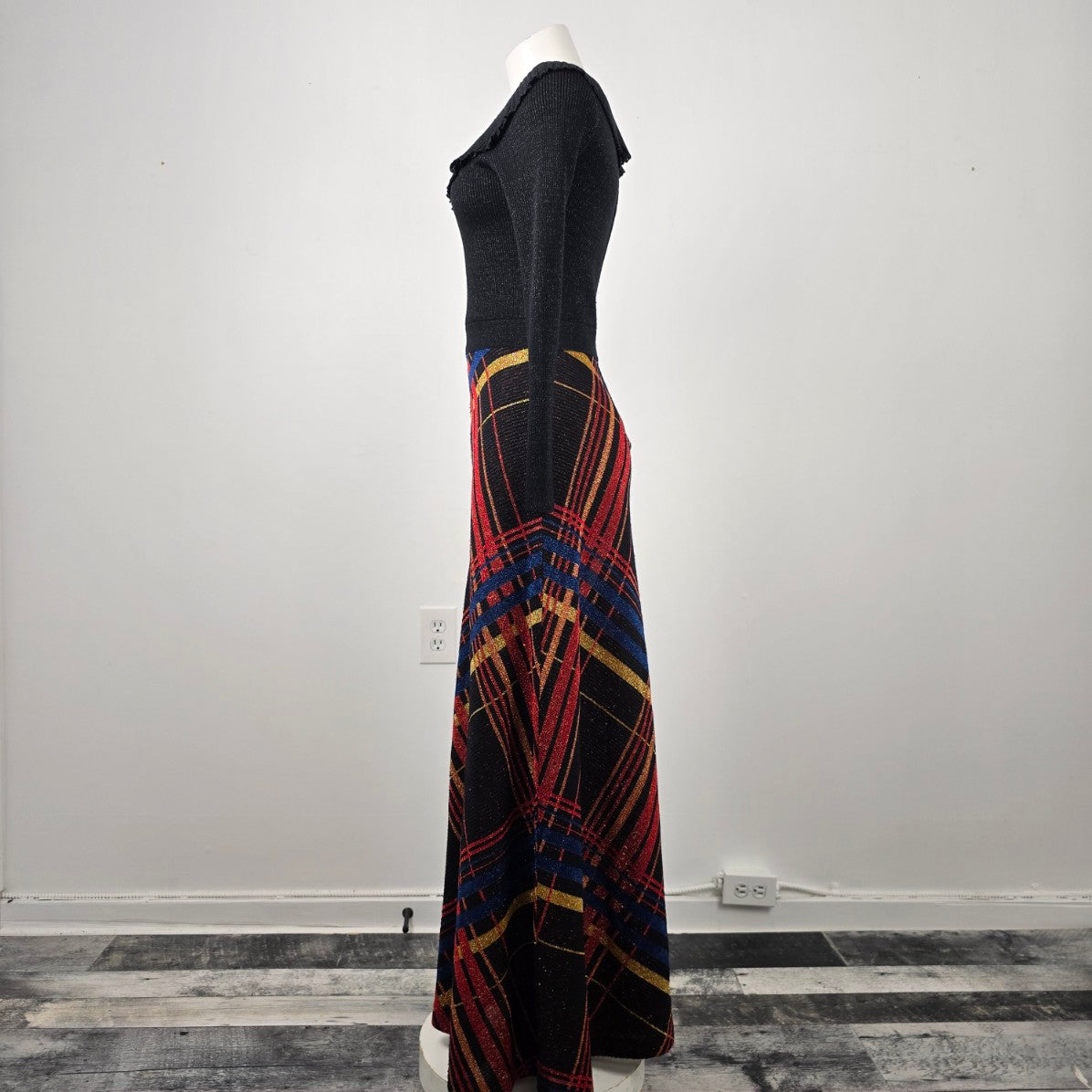 Vintage Wool Black & Red Metallic Knit Long Gown Dress Size S