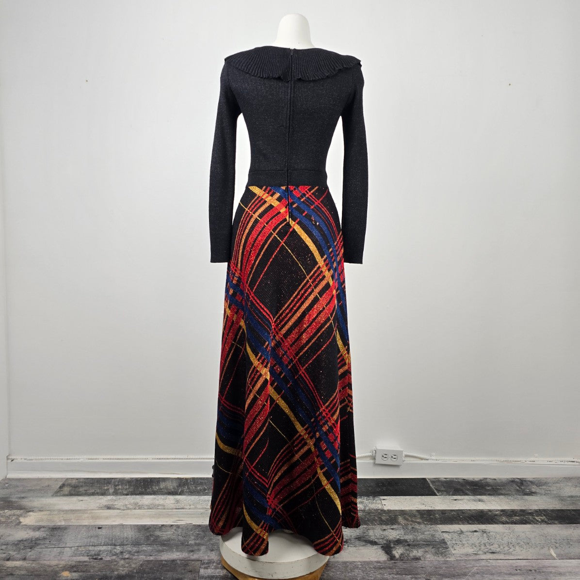 Vintage Wool Black & Red Metallic Knit Long Gown Dress Size S