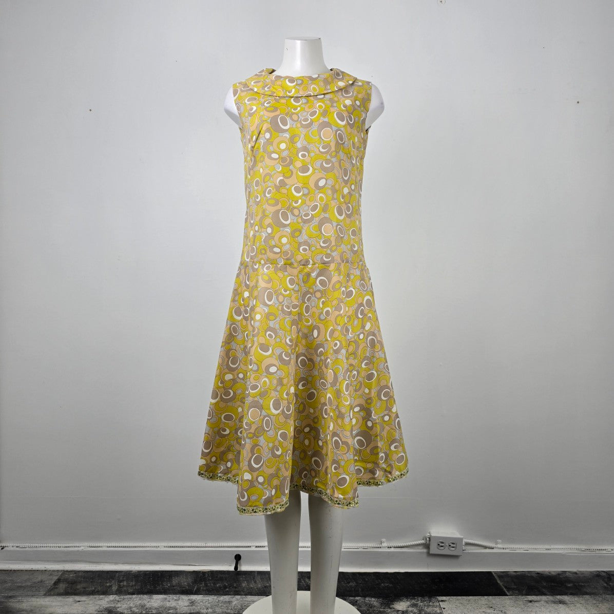 Vintage Yellow Bubble Print Midi Dress Size M