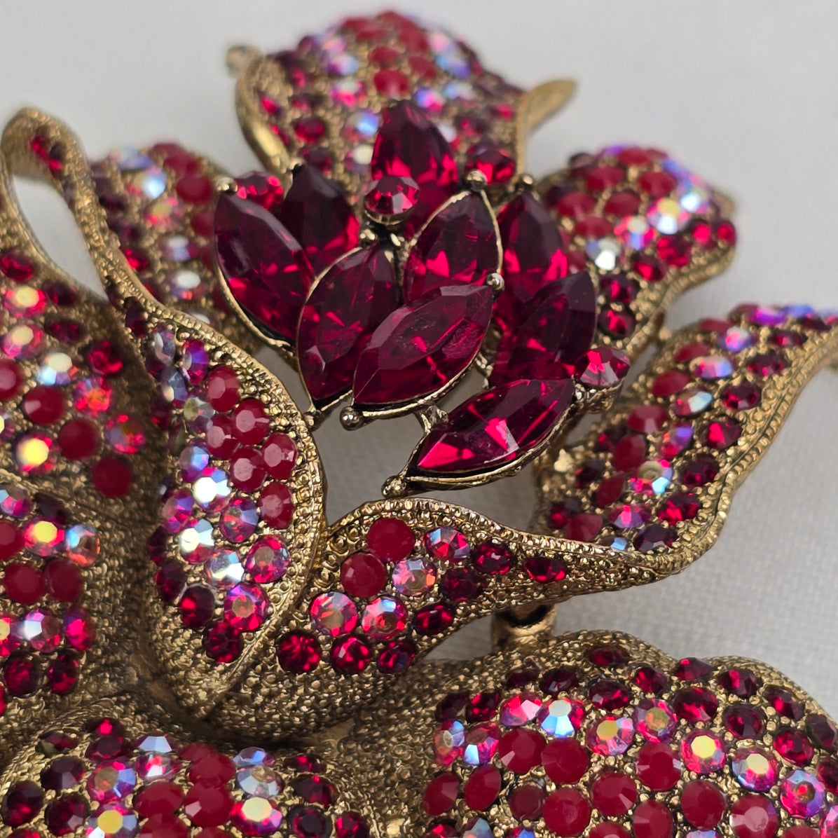 Gold & Red Rhinestone Oversize Flower Statement Brooch